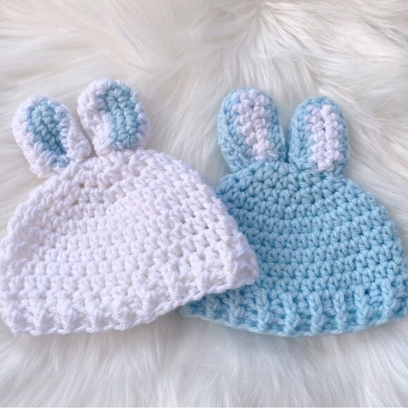 Bunny Crochet Baby Hat Set of 2 Blue 0-3 Mon - Picture 2 of 6